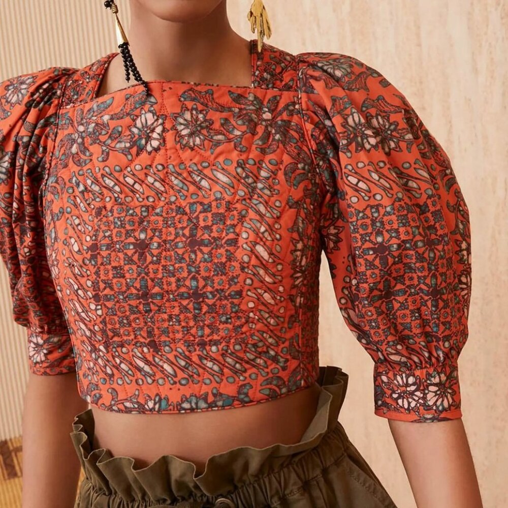 Ulla Johnson Anise Quilted Lace Up Back Crop Top in Clementine Size 2 Cotton